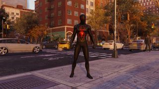 Spiderman Dark Suit - an all black suit with a large red spider on the torso.