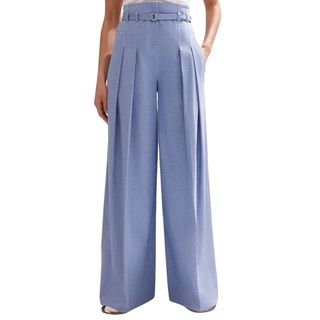 blue chambray wide leg trousers on model 