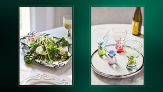 composite of two lifestyle shots showing a food platter and empty wine glasses