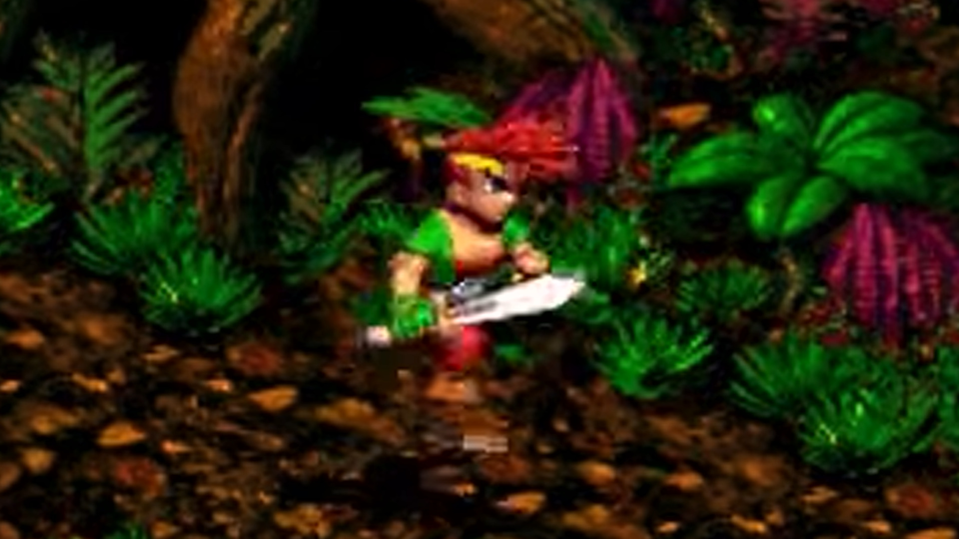 Pixelated hero with big red hair wields sword
