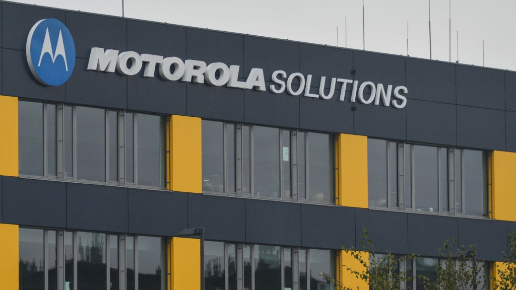 Motorola Solutions logo on the outside of the company's offices in Krakow, Poland.