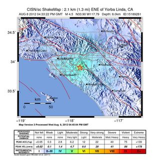 Shake map of Aug. 8 earthquake near Los Angeles.