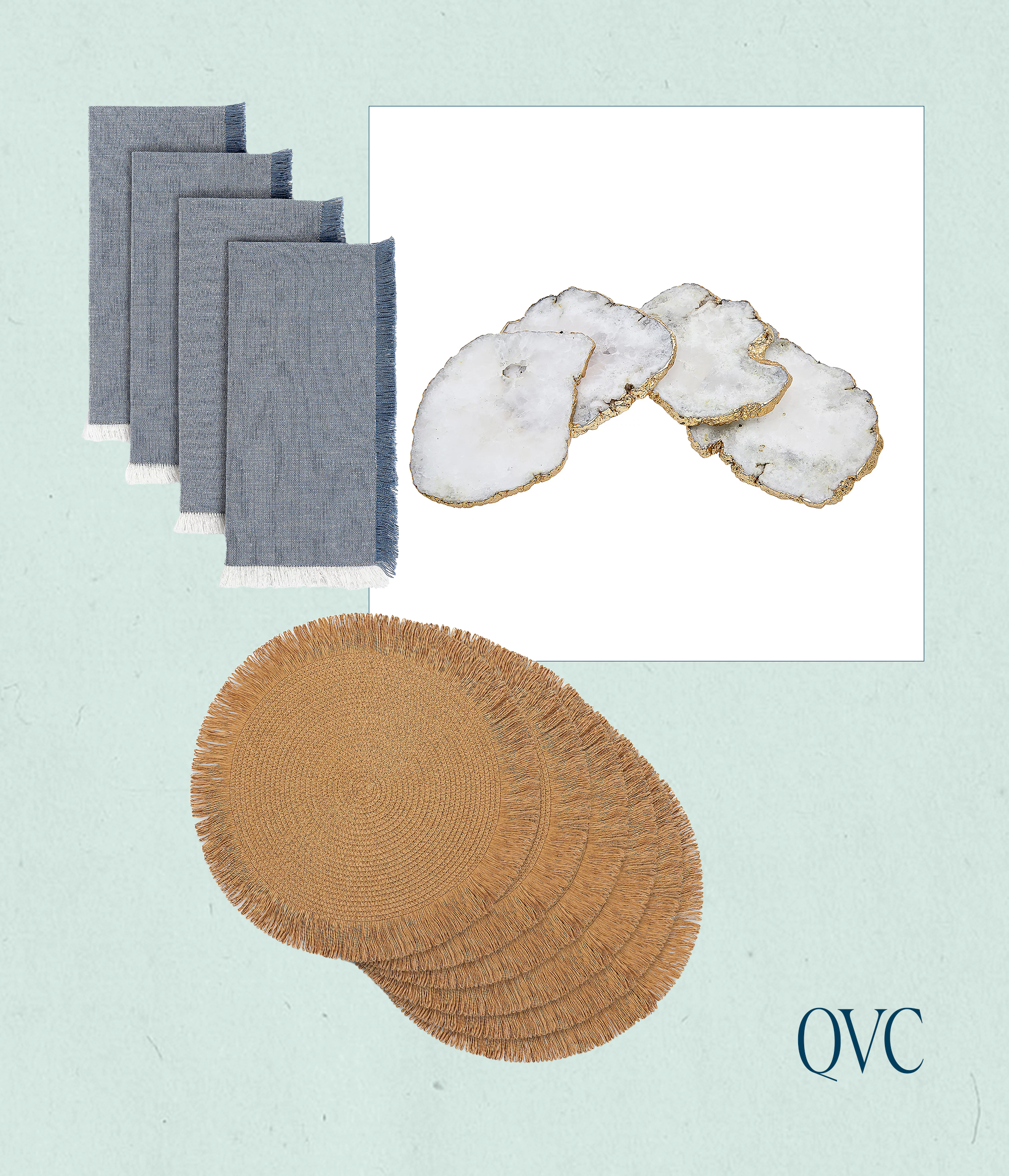 Collage of napkins, oyster coasters, and jute placemats from QVC