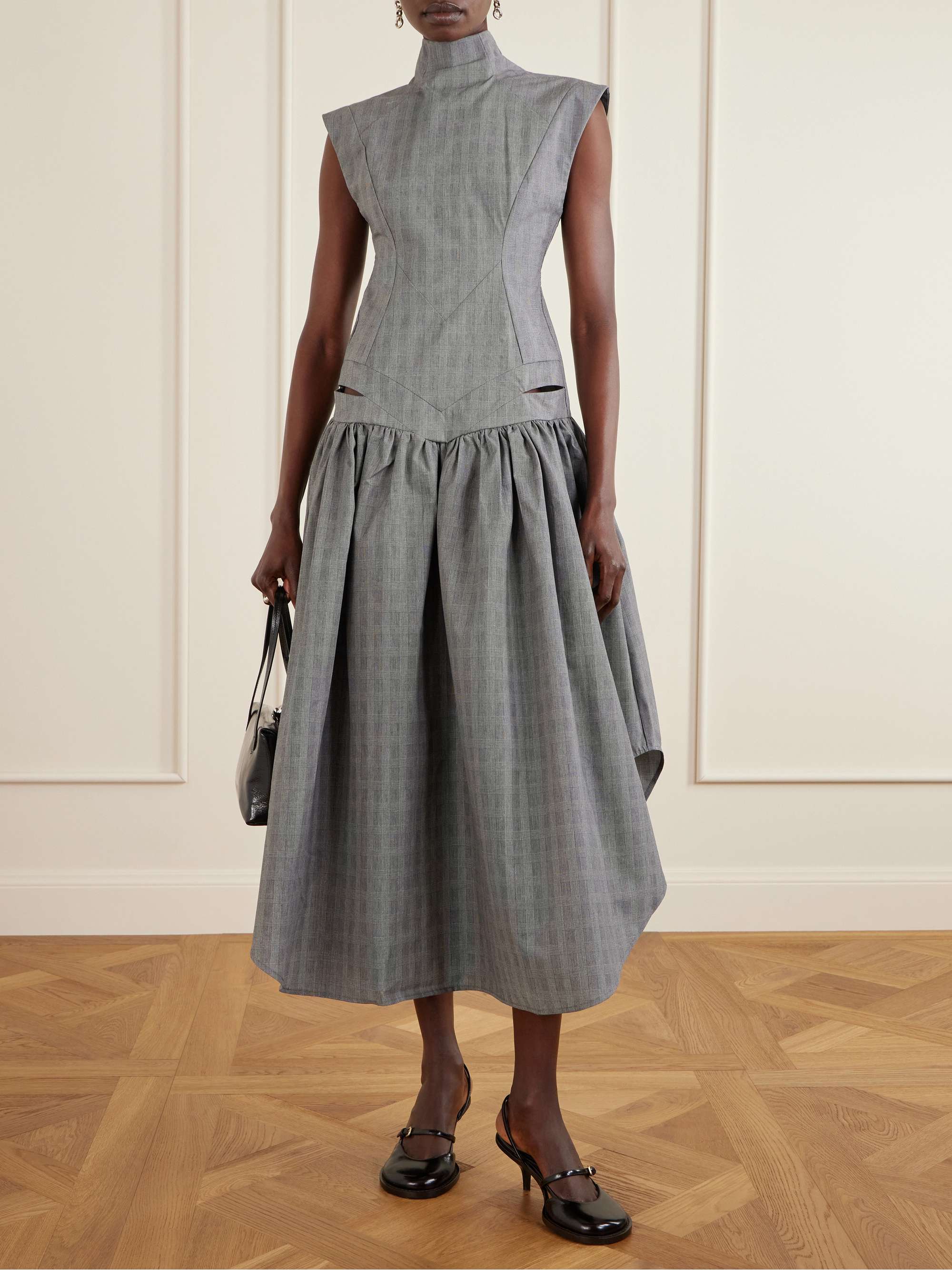 Open-Back Gahered Cutout Checked Organic Cotton Maxi Dress