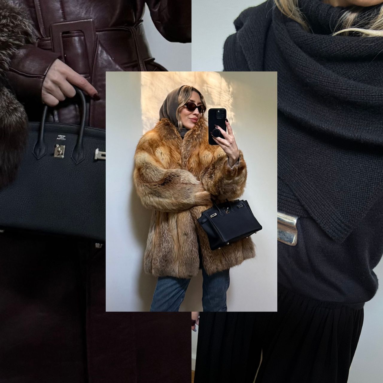 Angela Fink wearing a fur coat, jeans, and a designer bag