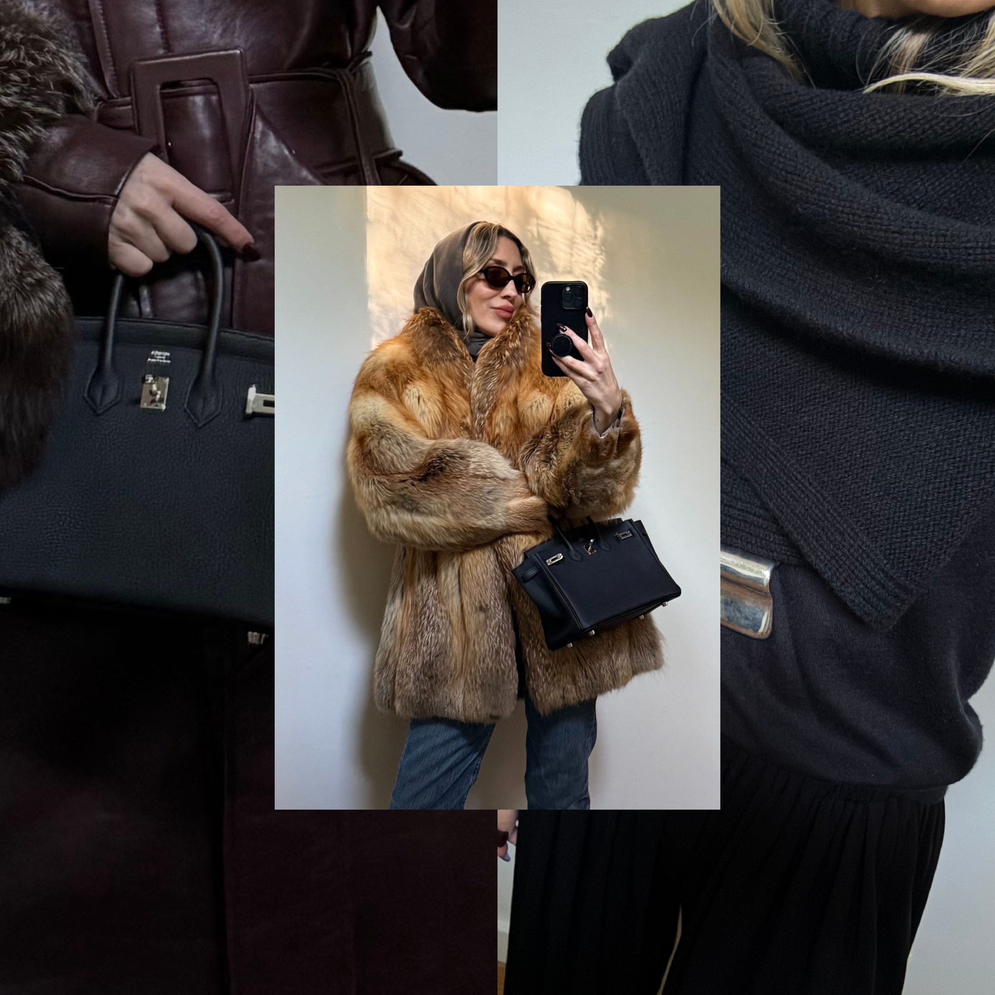 Angela Fink wearing a fur coat, jeans, and a designer bag