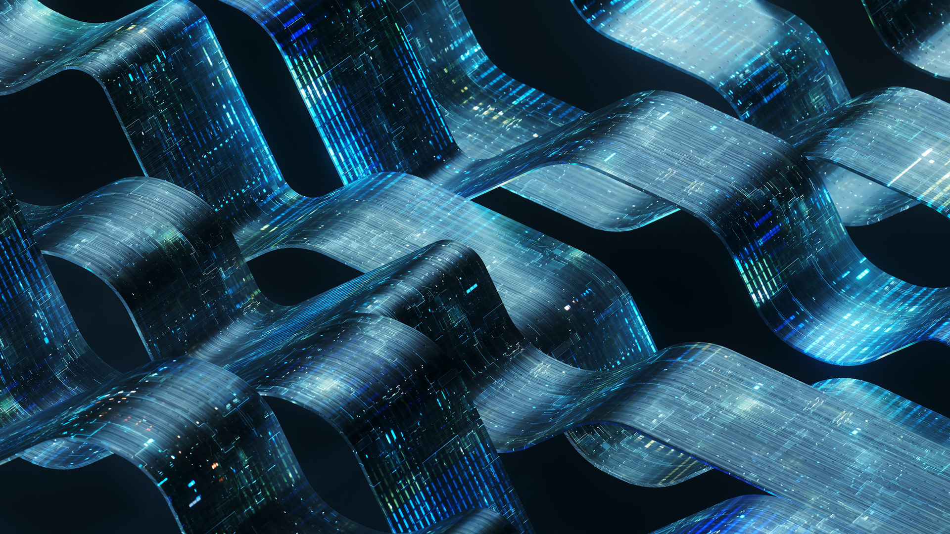 A render of ten ribbons resembling advanced control screens and data points, rippling across a dark background, to represent automation in networking.