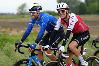 Davide Cimolai of Italy and Movistar Team and Ruben Fernandez of Spain and Team Cofidis compete during the 107th Giro d'Italia 2024, Stage 3
