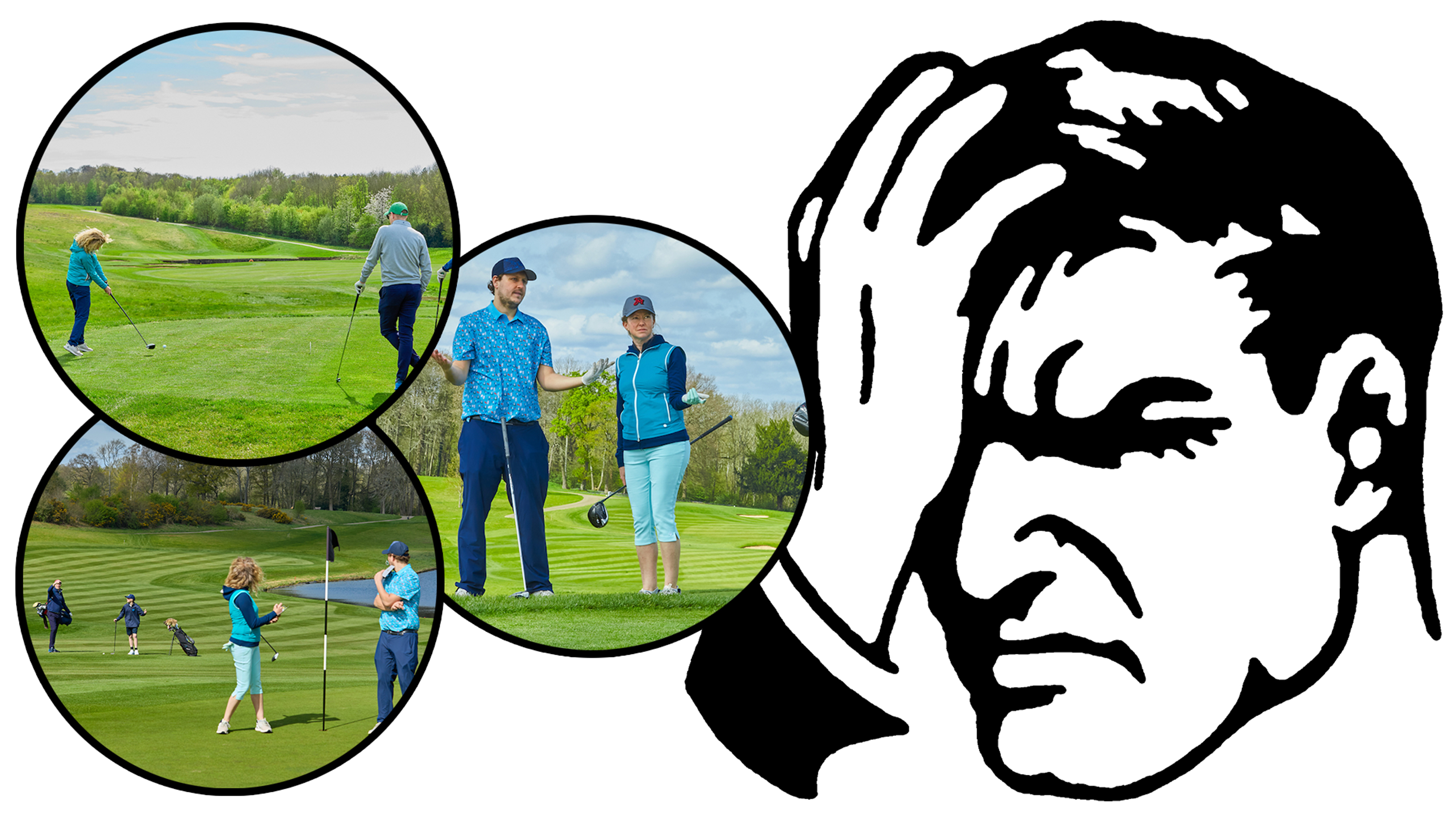 A cartoon of an angry man with his hand against his forehead and eyes shut, with 3 images of things that rile me up on the golf course including slow play, bad etiquette and early congratulations