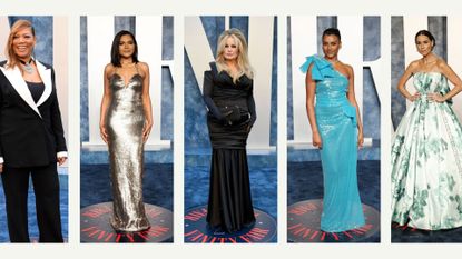A composite image of five different celebrities on the red carpet at the Vanity Fair Oscars party 2023
