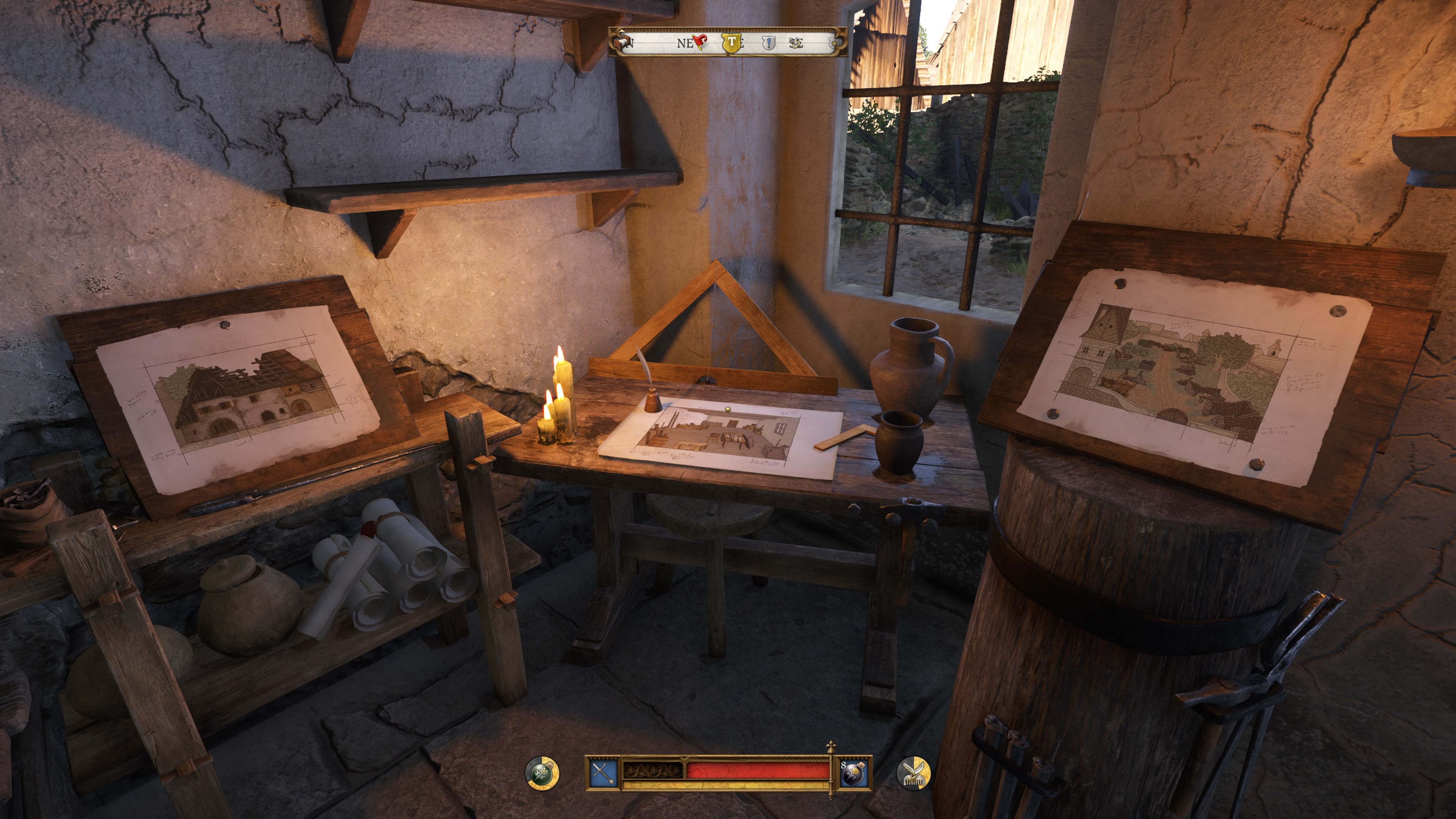 Kingdom Come Deliverance 2 Legacy of the Forge DLC screenshot of three tables inside the forge where you can access floor plans for upgrades