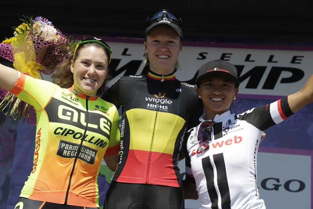 Hosking, D&#039;Hoore, Rivera - Giro Rosa stage 4 podium. Image: Anton Vos