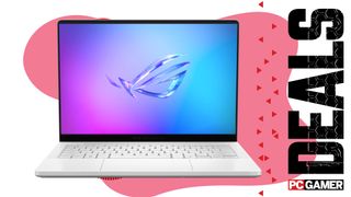 An Asus ROG Zephyrus G14 gaming laptop on a pink and white deals background
