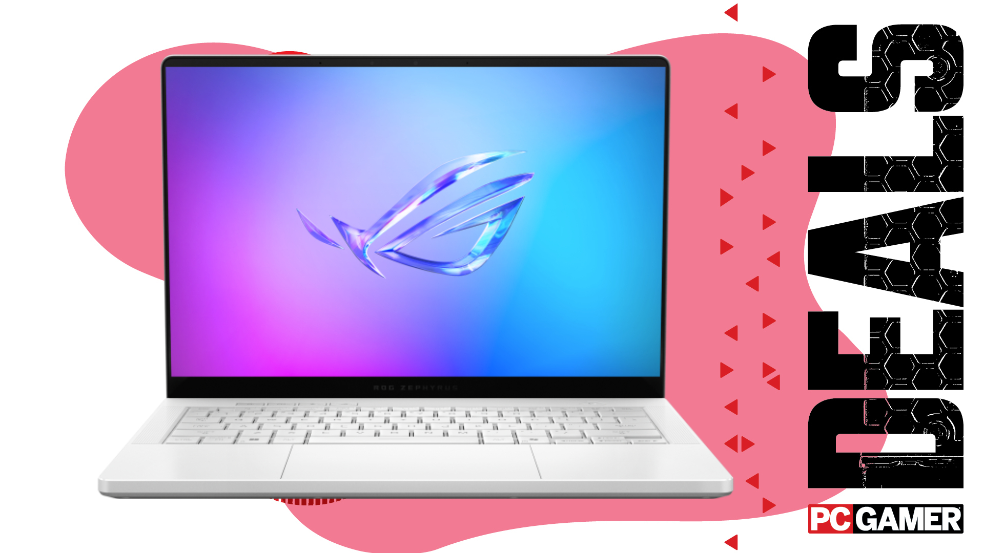 An Asus ROG Zephyrus G14 gaming laptop on a pink and white deals background