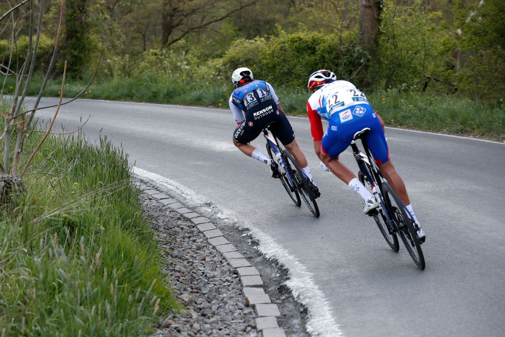 LIEGE BELGIUM APRIL 24 Remco Evenepoel of Belgium and Team QuickStep Alpha Vinyl and Bruno Armirail of France and Team Groupama FDJ compete in the breakaway during the 108th Liege Bastogne Liege 2022 Mens Elite a 2572km one day race from Lige to Lige LBL WorldTour on April 24 2022 in Liege Belgium Photo by Bas CzerwinskiGetty Images