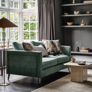 Green embossed sofa in dark painted living room with cushions, coffee table, lamp, shelving