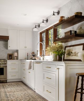 modern rustic kitchen with white cabinets and wooden open shelving