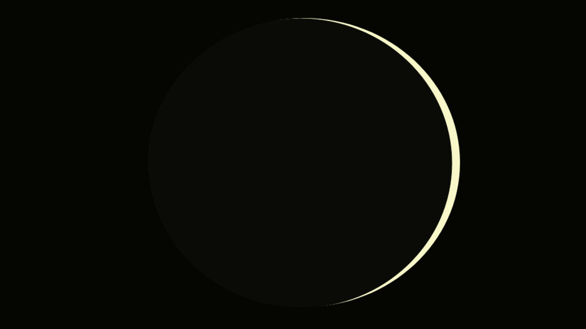 An illustration of a dark planet with a sliver of light on its outer right edge against a black background