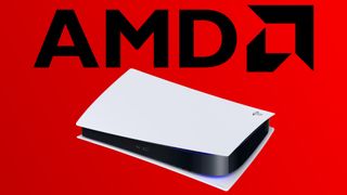 PS5 tegen een rode achtergrond met het AMD-logo erboven