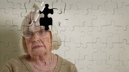 A puzzle of an older woman shows a piece missing on the top right of her head.