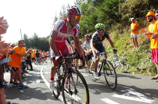 Joaqu&iacute;m Rodr&iacute;guez (Katusha) and Alejandro Valverde (Movistar) on the final climb to Alto de Arrate during stage 3 of the Vuelta