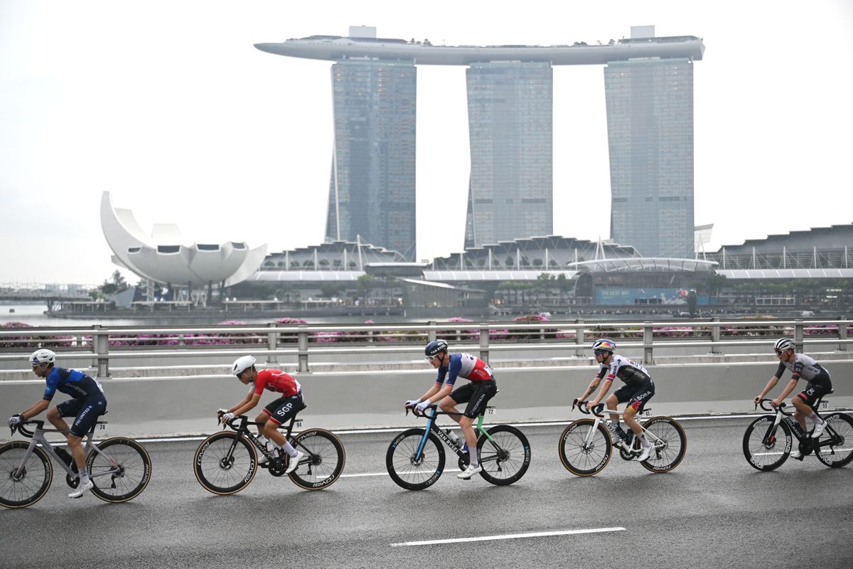 SINGAPORE, SINGAPORE - NOVEMBER 02: (L-R) Dorian Godon of France and Team France, Primoz Roglic of Slovenia and Team Red Bull - BORA - Hansgrohe, 05and a general view of the peloton competing during the 4th Tour de France EFGH Singapore 2025 - Criterium Race a 57.5km one day race from Singapore to Singapore on November 02, 2025 in Singapore. (Photo by Szymon Gruchalski/Getty Images)