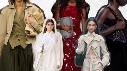 a collage of runway images featuring models wearing trendy designer shoulder bags