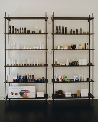 shelves in the stalle studios office selling skincare