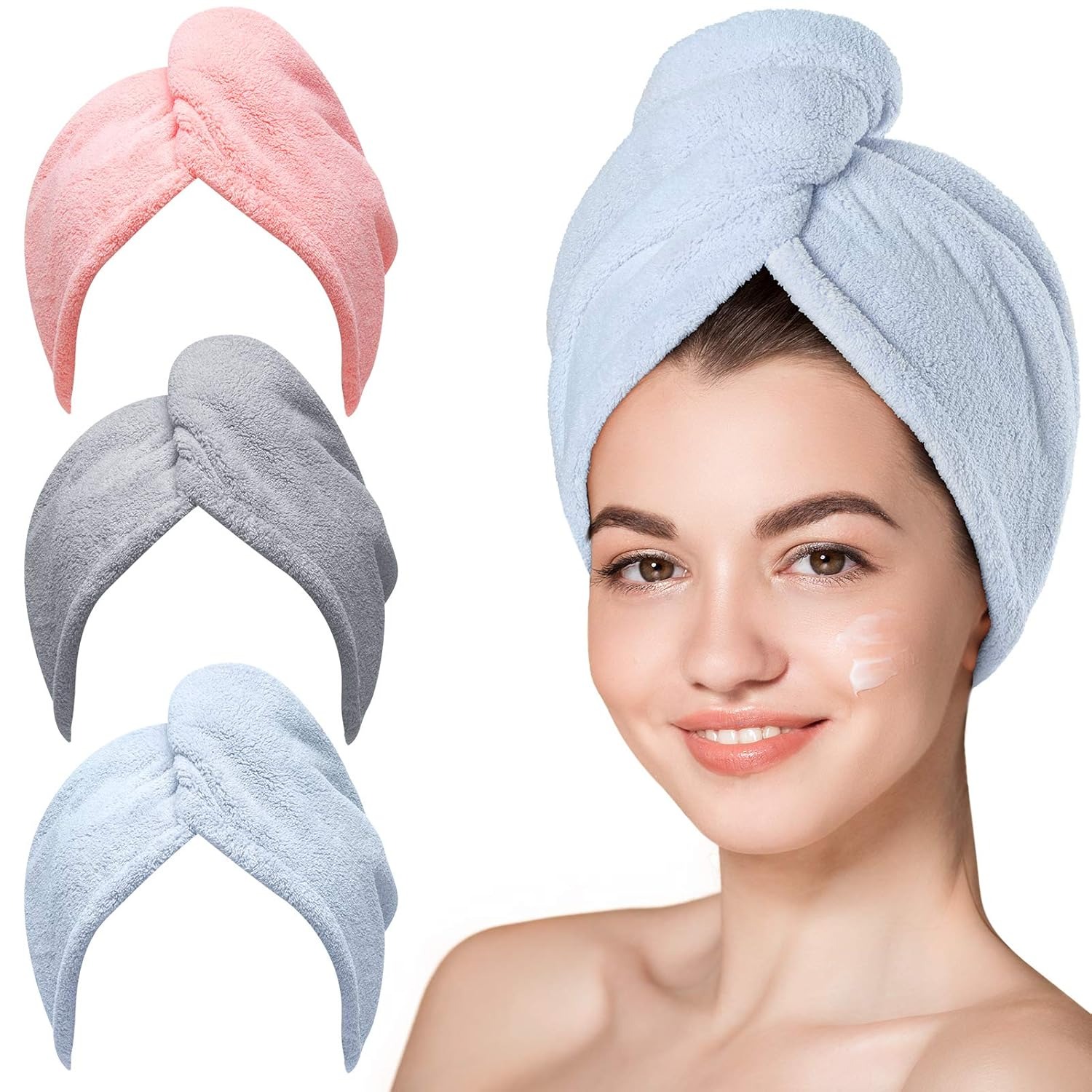 Hicober, Hicober Microfiber Hair Towel,turbans for Drying Wet Hair, Anti Frizz Hair Wrap Towels for Curly Hair Women (blue,grey,pink) , 3 Packs