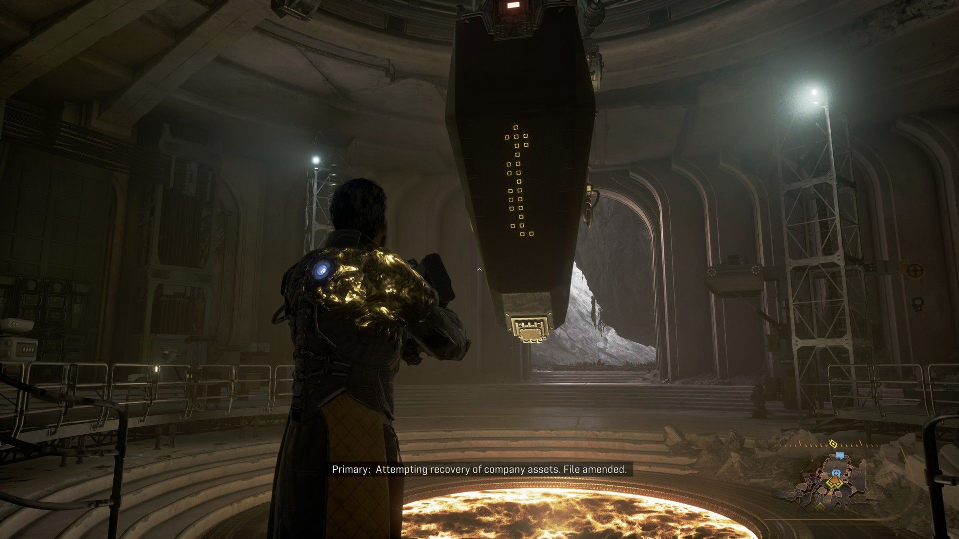 Arjun speaks with the coffin-shaped AI overseer Primary, which coils from The Passage's ceiling like a snake, in Saros