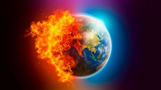 Concept illustration of Global warming/climate change. Half of the Earth is one fire, whilst the other half is not - all on a black background.