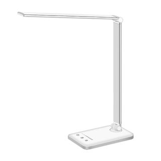 An aluminum and plastic silver and white lamp with a rectangular top and base