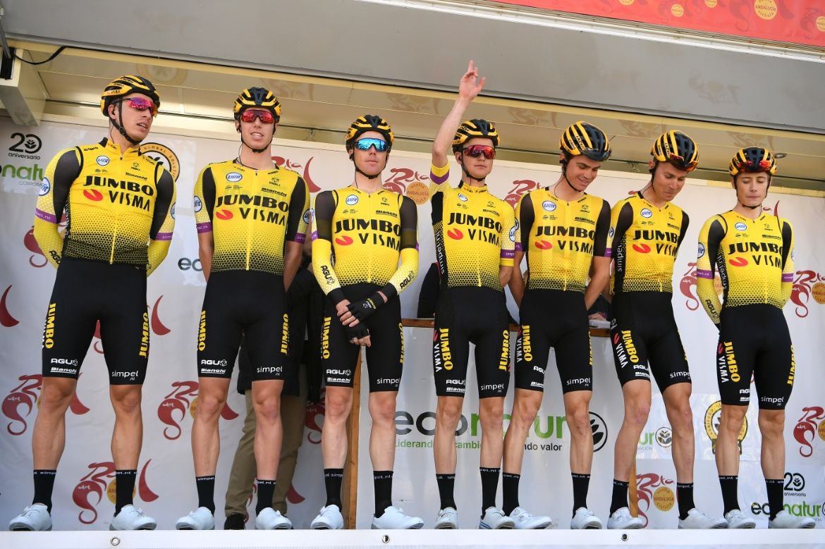 The Jumbo-Visma riders wave to the crowds