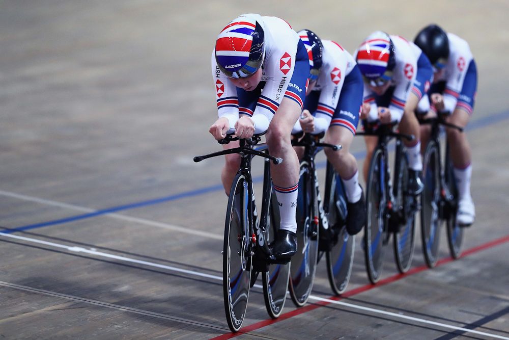 Katie Archibald, Elinor Barker, Ellie Dickinson and Laura Kenny compete in the Women's team pursuit qualifying on day one of the UCI Track Cycling World Championships