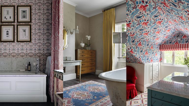 Different textiles in bathroom designs with designs from Melissa Wyndham, VSP interiors and Lucy Cunningham