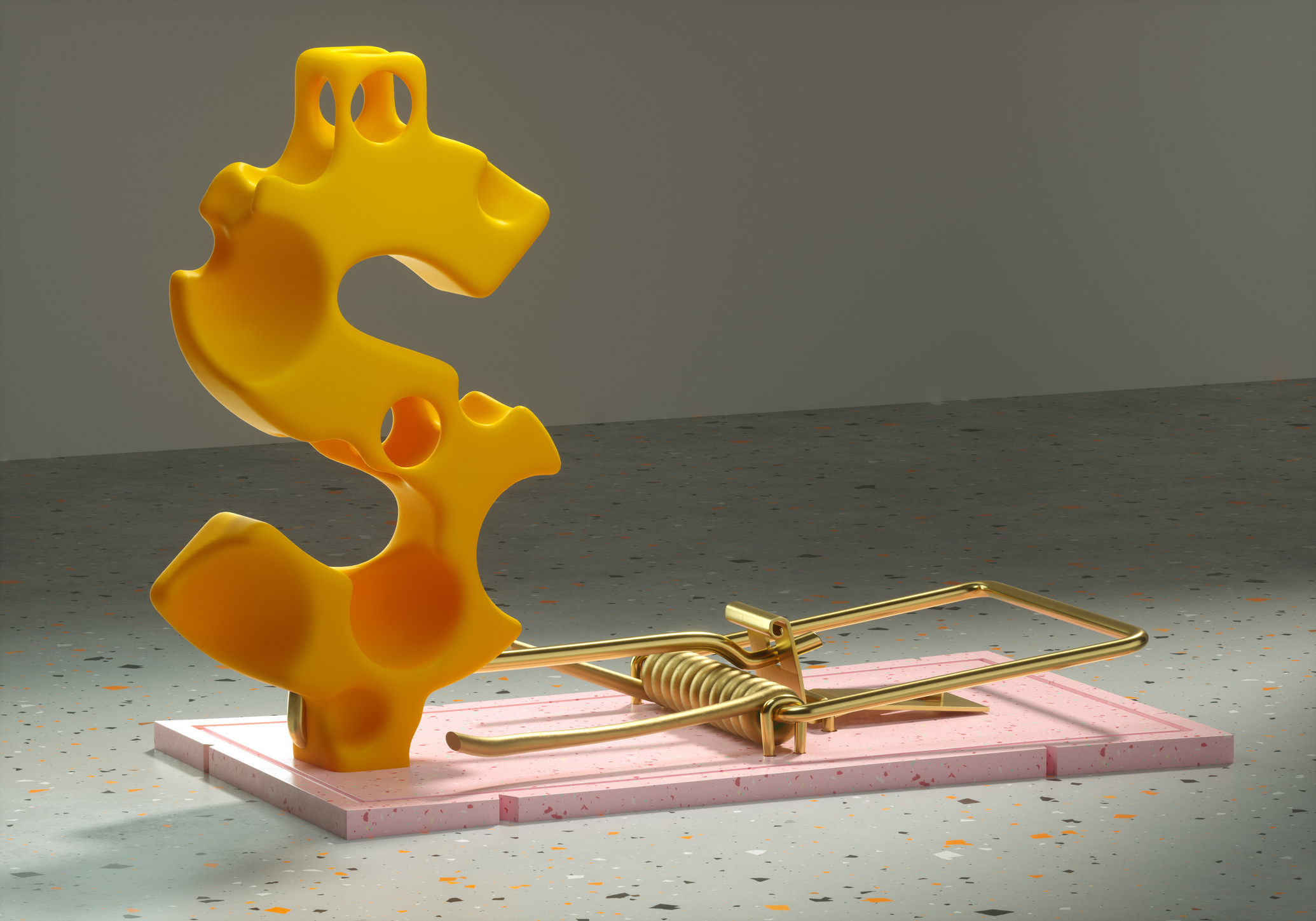 Digital generated image of DOLLAR sign made out of cheese loaded into mousetrap