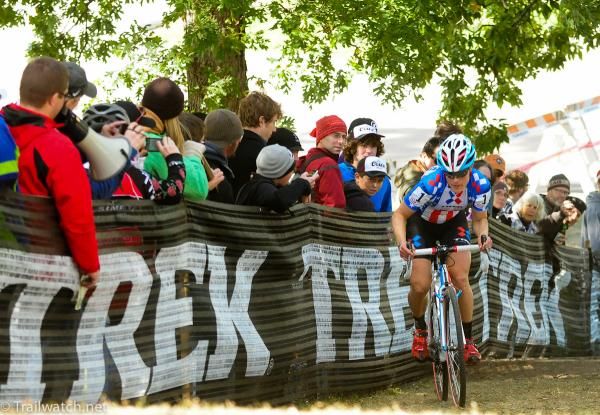 Katie Compton (Trek Cyclocross Race Team) alone on the climb at the back of the course