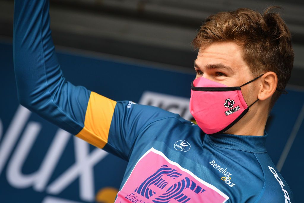 Swiss Stefan Bissegger of EF Education First Pro Cycling celebrates in the leader jersey after the second stage of the Benelux cycling tour an individual time trial 111km from and to Lelystad The Netherlands Tuesday 31 August 2021 BELGA PHOTO DAVID STOCKMAN Photo by DAVID STOCKMANBELGA MAGAFP via Getty Images