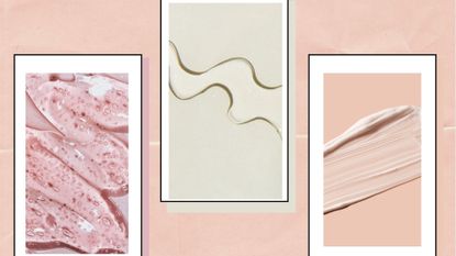 three close up images of different skincare products on a peachy pink background