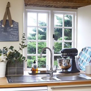 stainless steel kitchen sink in kitchen window with kitchenaid and eucalyptus