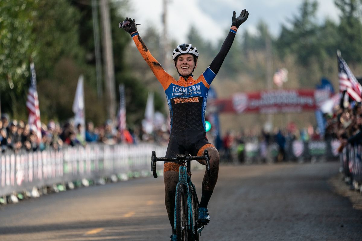 Clara Honsinger (Team S&amp;M CX Sellwood Cycle Repa) takes the win at the 2019 USA Cycling Cyclo-cross National Championships in Lakewood, Washington