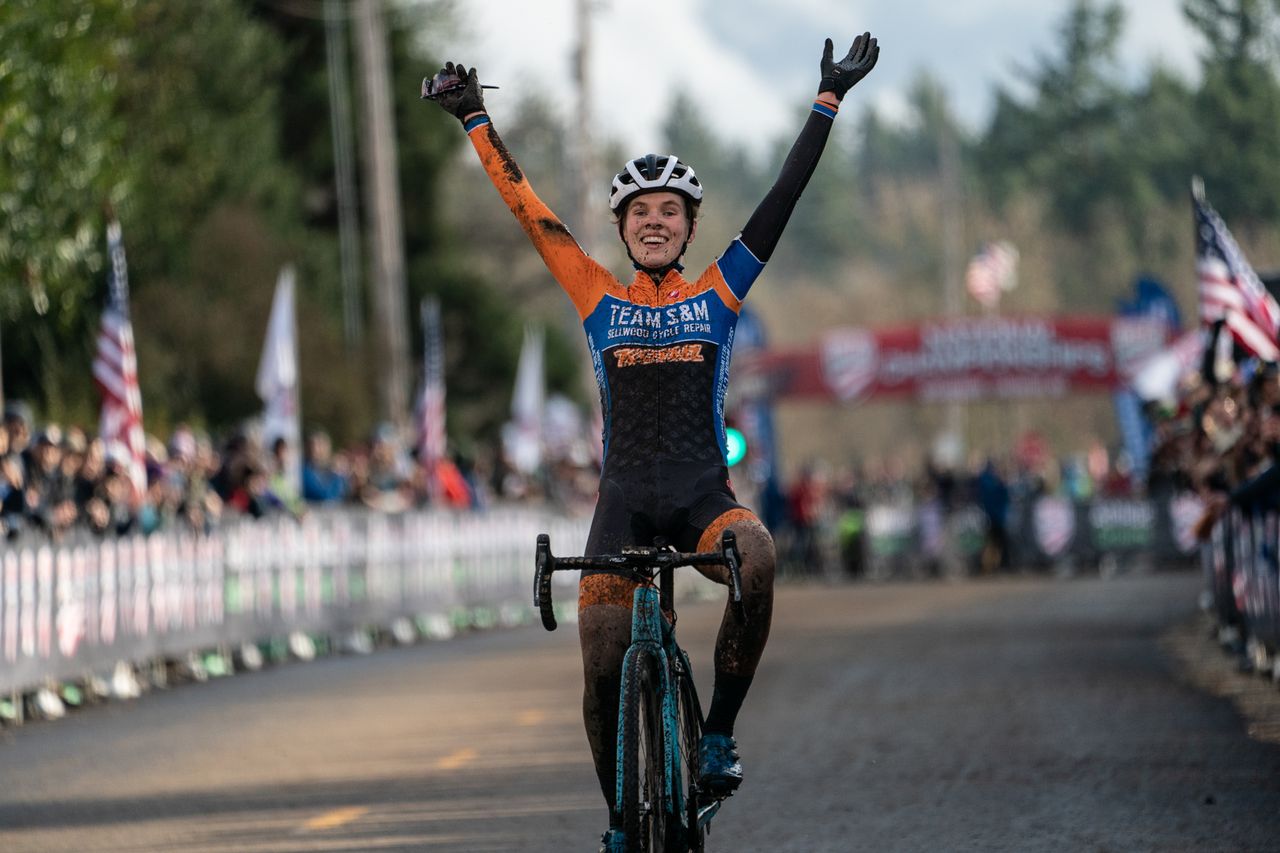 Clara Honsinger (Team S&amp;M CX Sellwood Cycle Repa) takes the win at the 2019 USA Cycling Cyclo-cross National Championships in Lakewood, Washington