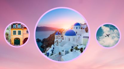 travel destinations including santorini and romania on a sky-colored background