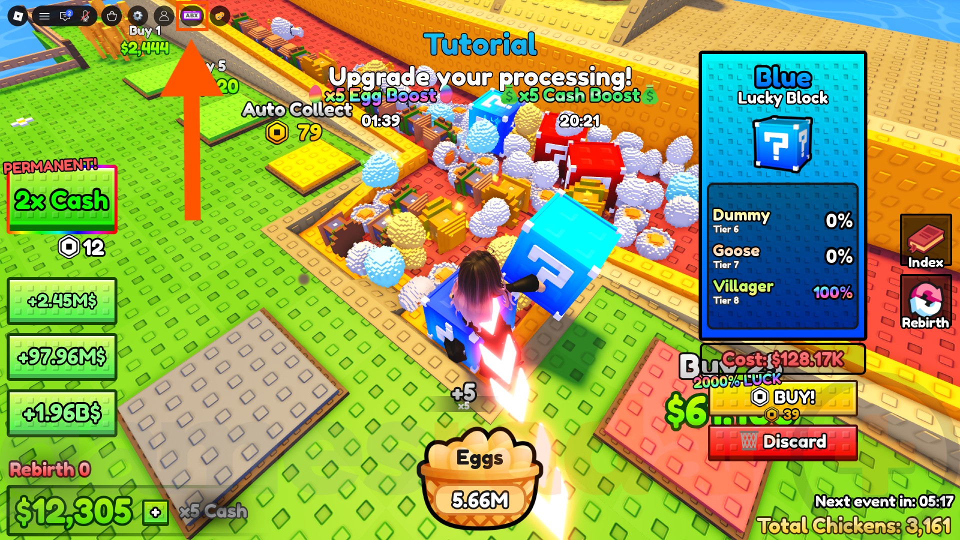 An orange arrow points to the Chicken Farm codes redemption button.