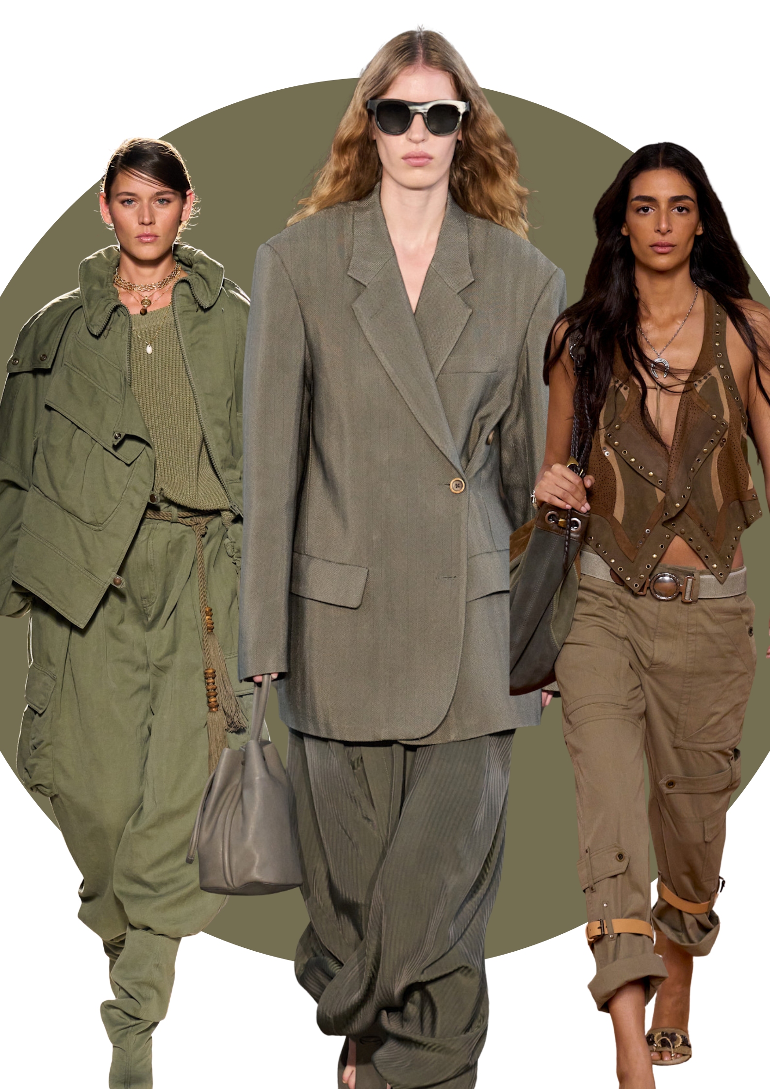 Models wearing khaki green on the runways of the Balmain, Uma Wang, and Isabel Marant SS26 shows