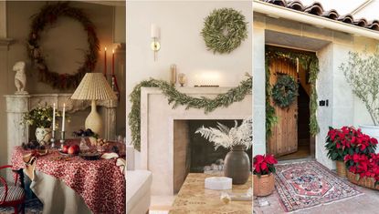Sustainable Christmas decor ideas. Cozy red and cream dining room. Minimalist living room. Outdoor christmas decor on front door/porch.