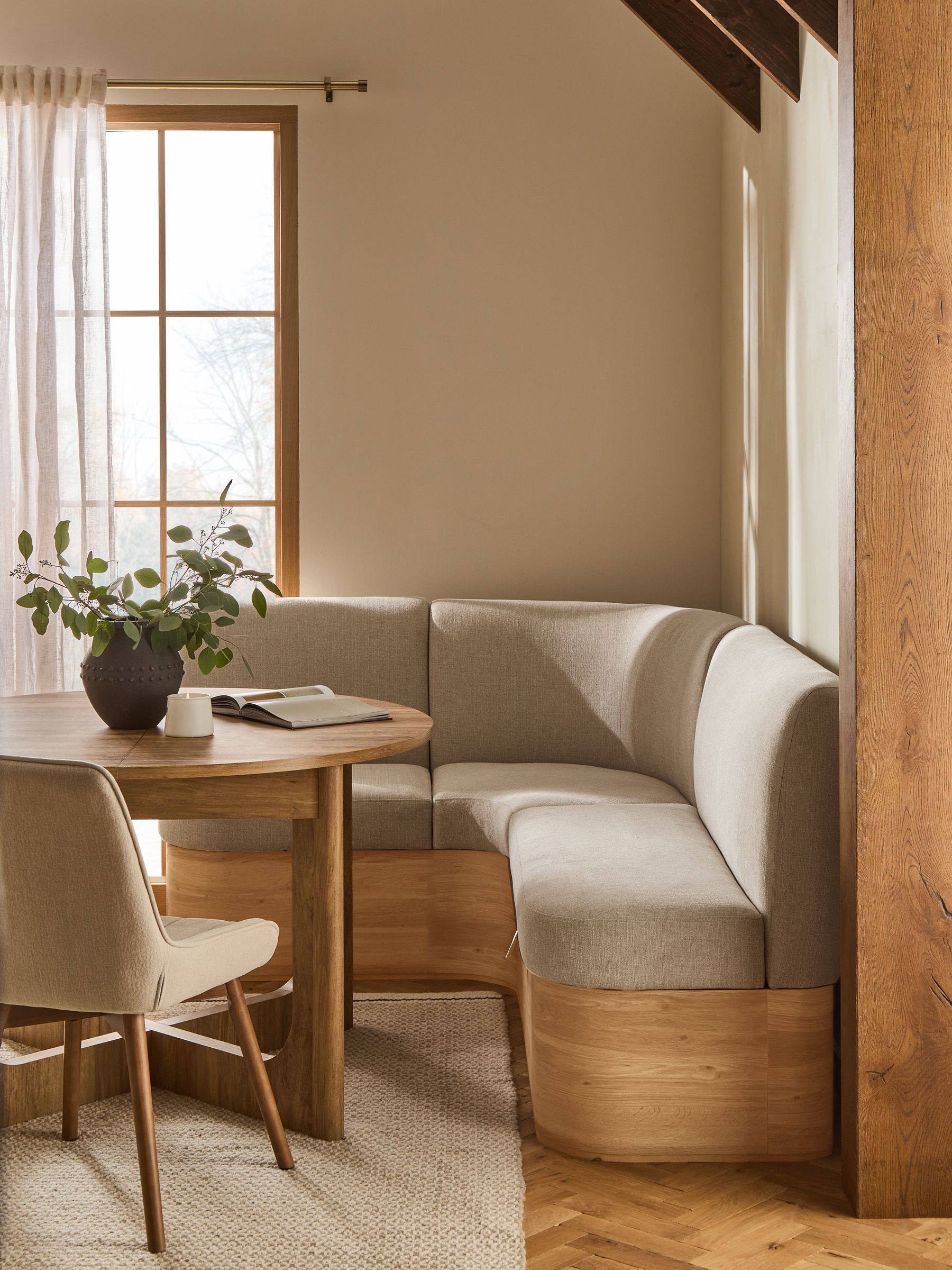 Natural Noa Curve Tweedy Plain Light Corner Storage Dining Bench