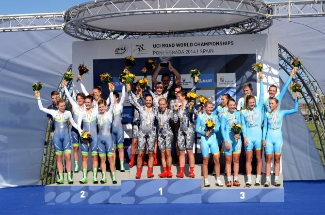 The final podium for the Worlds women's team time trial