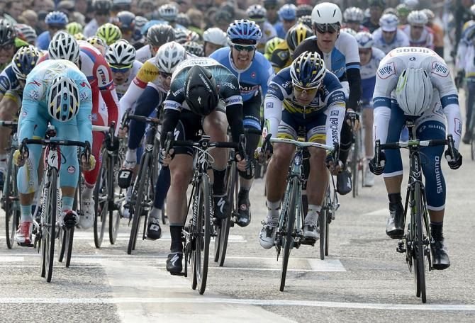 Marcel Kittel (Argos - Shimano), Mark Cavendish (Omega Pharma - QuickStep), Barry Markus (Vacansoleil - DCM) and Andrea Guardini (Astana) battle for the win in Scheldeprijs