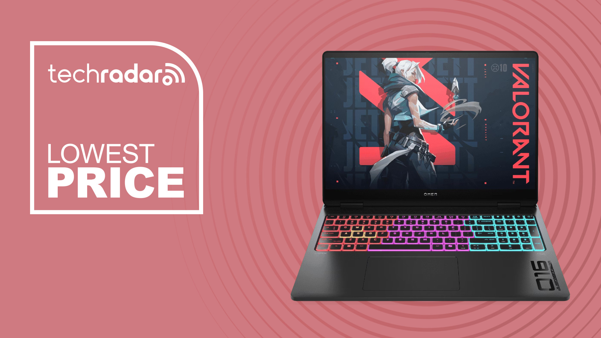 HP Omen Max gaming laptop on mauve background with lowest price text overlay